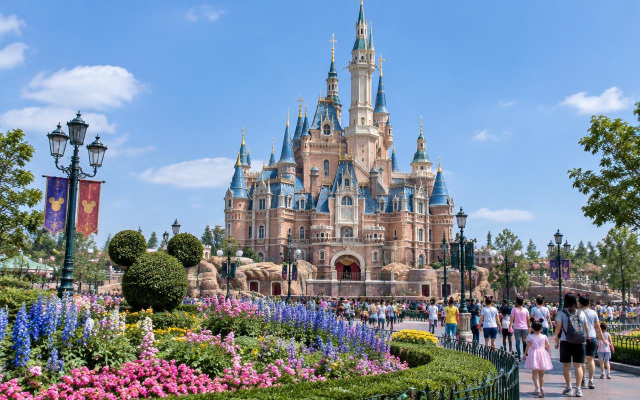 The Enchanted Storybook Castle at Shanghai Disneyland on a clear, sunny day