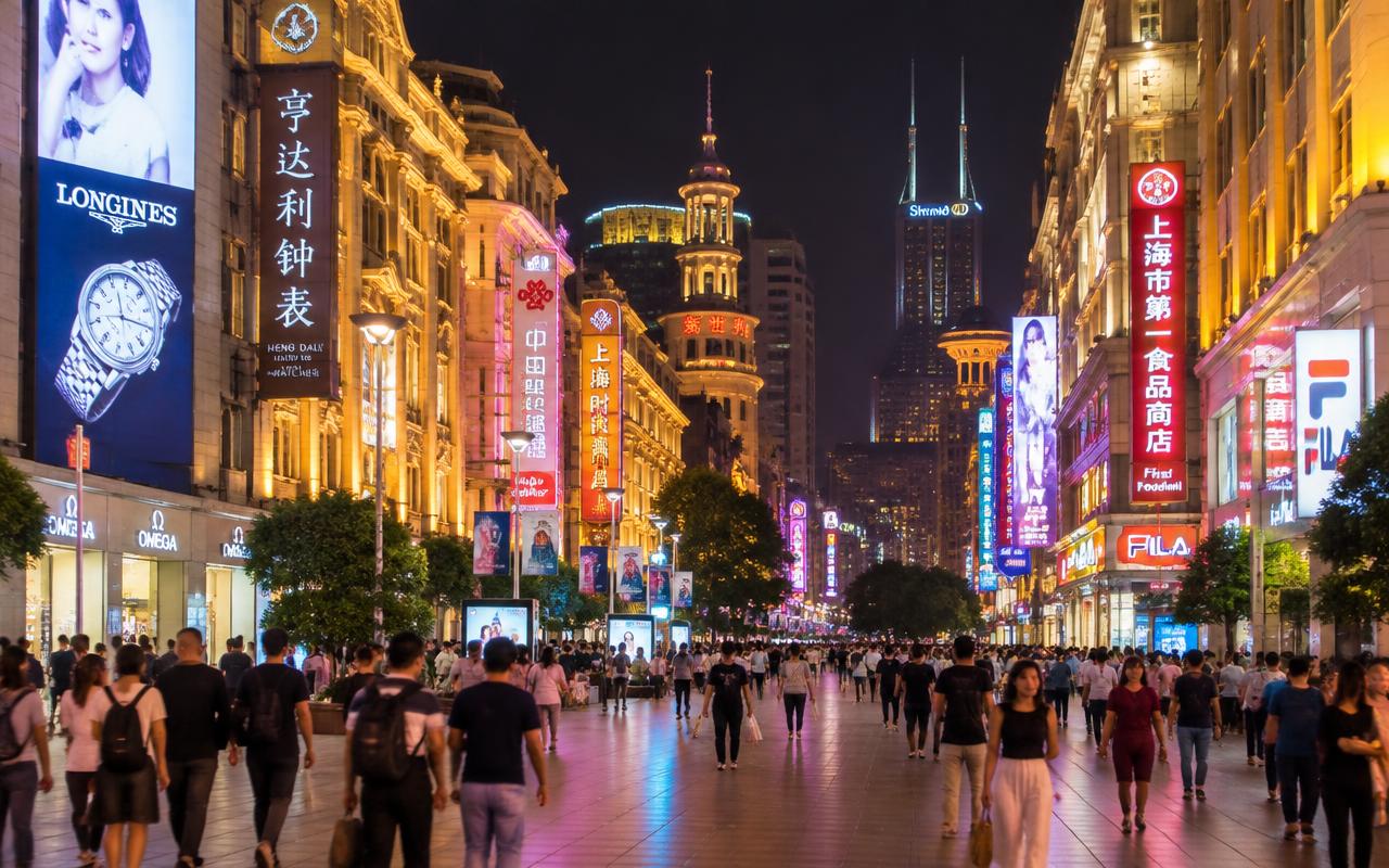 Crowds walk beneath glowing neon signs on Nanjing Road's pedestrian street at night
