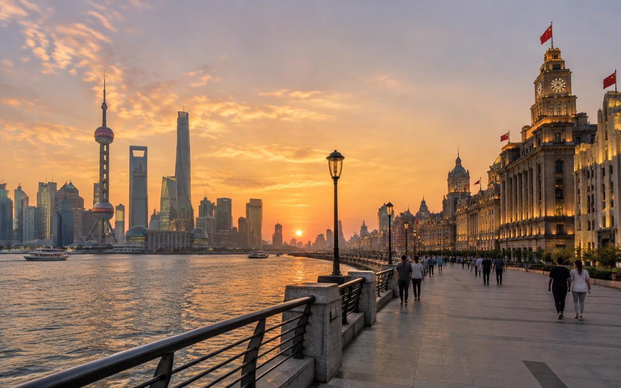 Visitors stroll the Bund promenade at sunset as the Pudong skyline glows across the Huangpu River