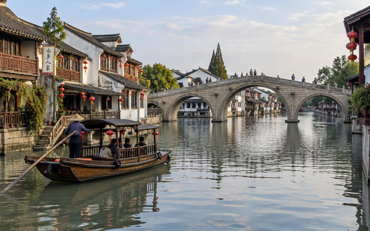 A wooden boat glides toward an arched stone bridge on a canal in Zhujiajiao water town